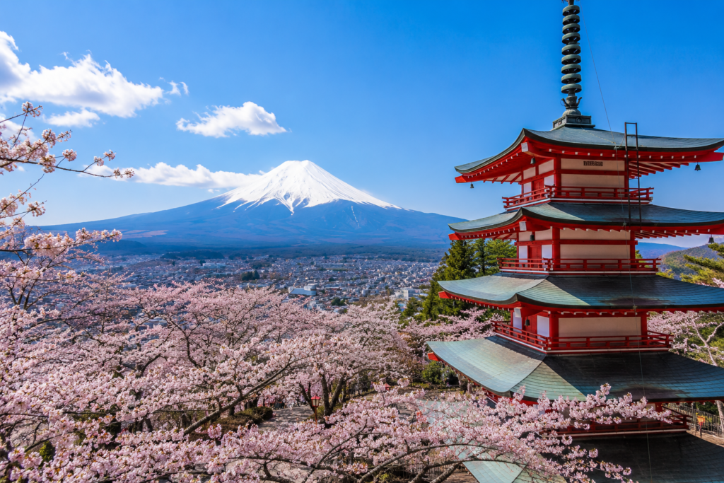 Mount Fuji, cherry blossoms and Chureito Pagoda near Arakurayama Sengen Park