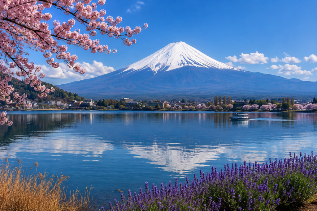 Mount Fuji reflected in Lake Kawaguchi with cherry blossoms