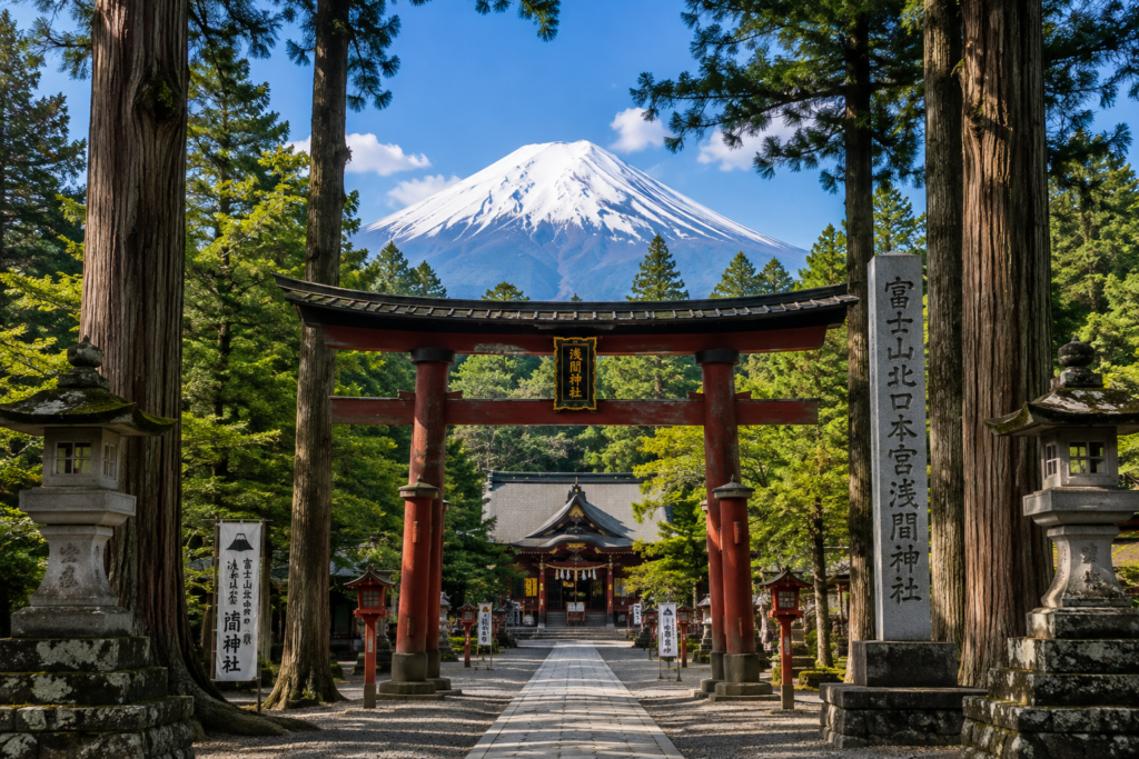 Kitaguchi Hongu Fuji Sengen Shrine surrounded by tall cedar trees near Mount Fuji