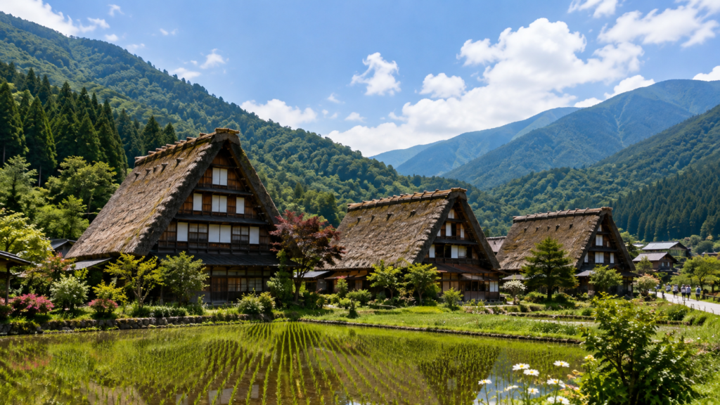 Traditional gassho-zukuri houses in Shirakawa-go village surrounded by the mountains of Gifu, Japan