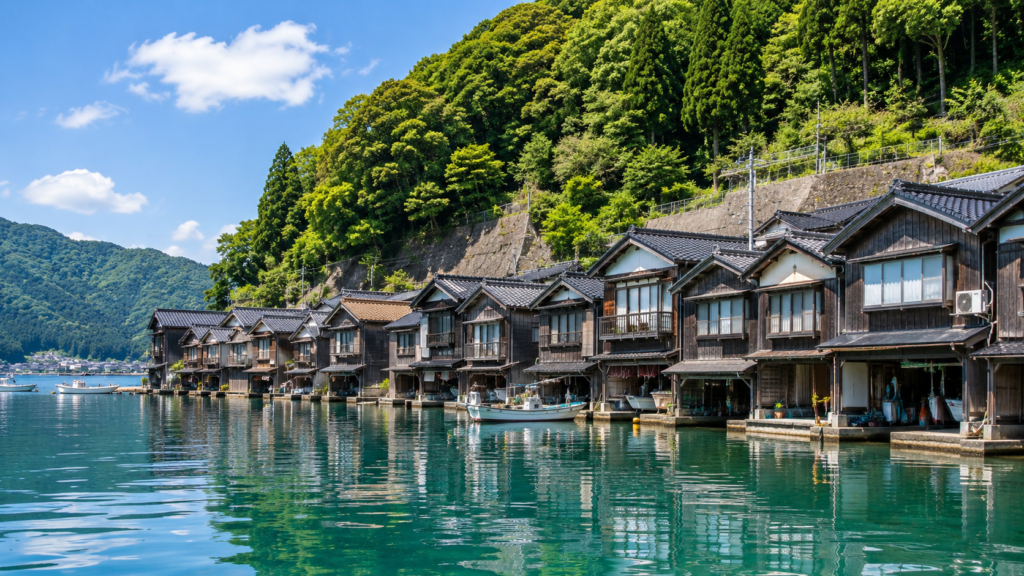 Traditional funaya boathouses lining the waterfront in Ine, Kyoto, Japan, with calm blue-green water, fishing boats, and forested mountains.