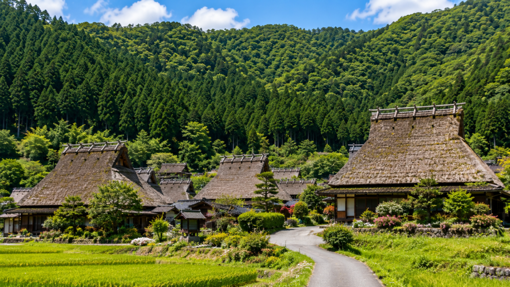 Traditional thatched-roof houses surrounded by green rice fields and forested mountains in Miyama, Kyoto, Japan.
