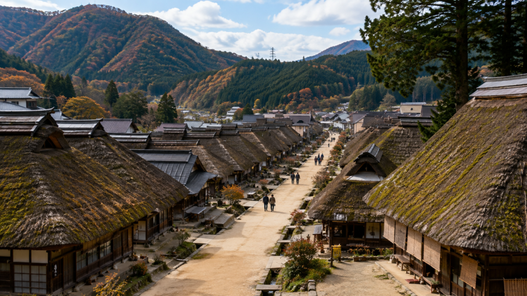 Traditional thatched-roof houses lining the historic village street of Ouchi-juku in Fukushima, Japan, surrounded by forested mountains in autumn.