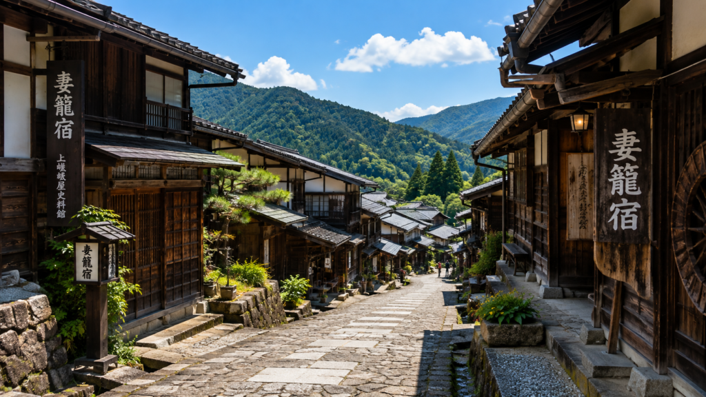 Traditional wooden houses lining the historic street of Tsumago-juku in Nagano, Japan, surrounded by green forested mountains.