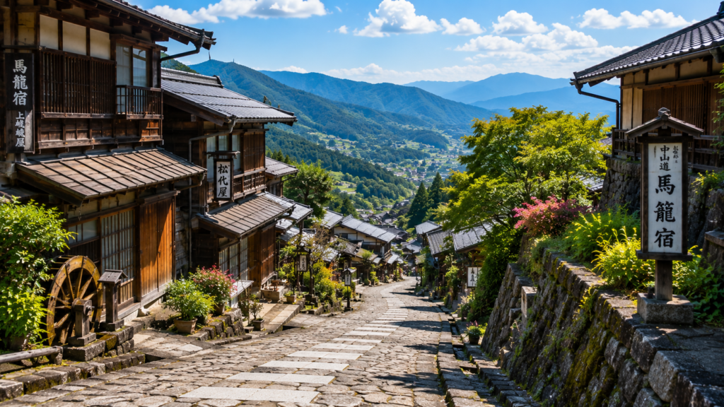 Historic stone-paved street lined with traditional wooden houses in Magome-juku, Gifu, Japan, overlooking the surrounding green mountains.