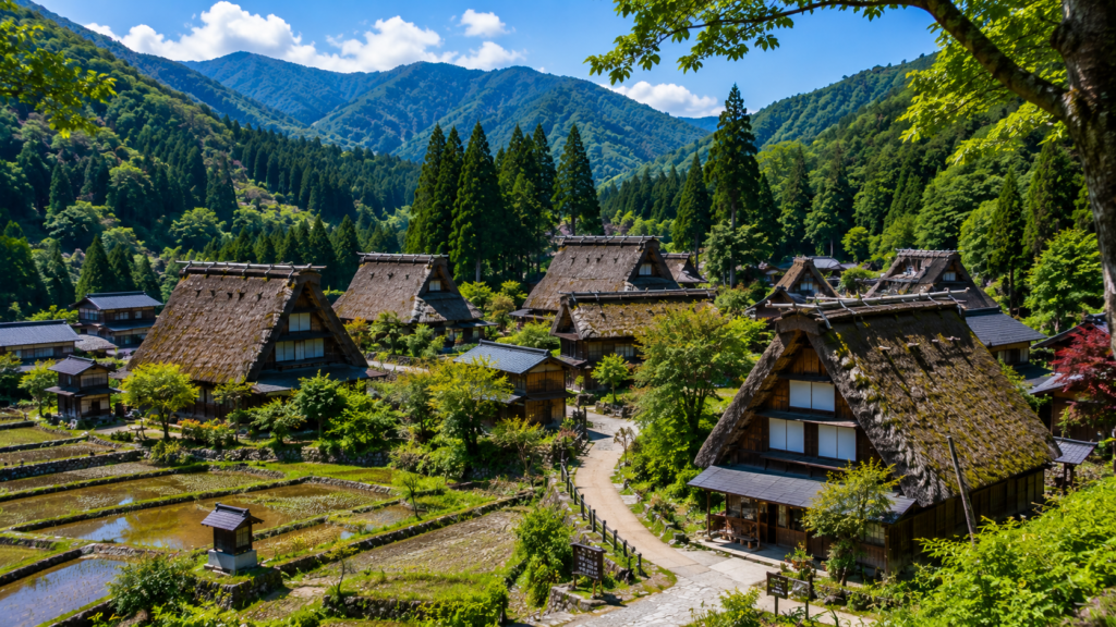 Traditional gassho-zukuri thatched-roof houses and rice fields in Ainokura village, Toyama, Japan, surrounded by lush green mountains.