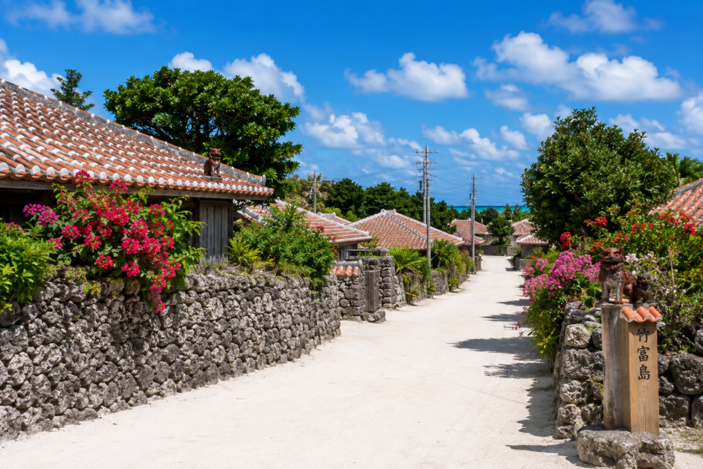 Traditional red-tiled houses, coral stone walls, and tropical flowers along a quiet street on Taketomi Island, Okinawa, Japan.
