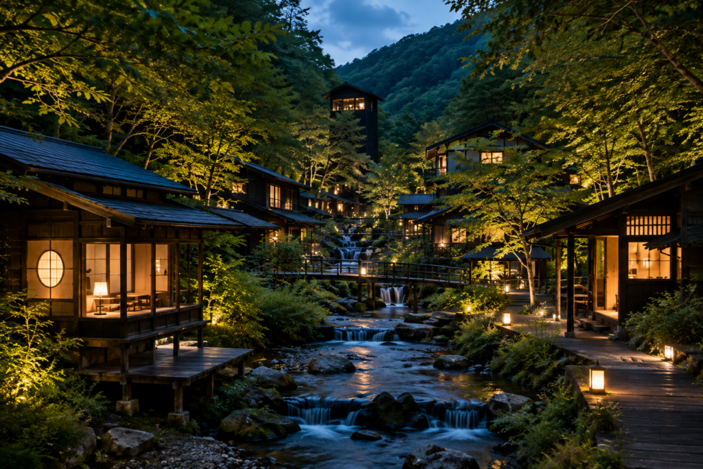 Peaceful mountain village surrounded by lush forest, traditional Japanese buildings, and a flowing stream at dusk in Hoshino Village, Fukuoka, Japan.