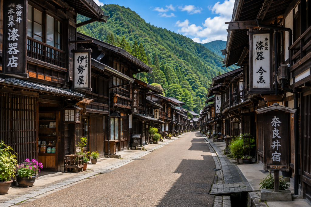 Historic street lined with traditional wooden houses in Narai-juku, Nagano, Japan, surrounded by lush green mountains.