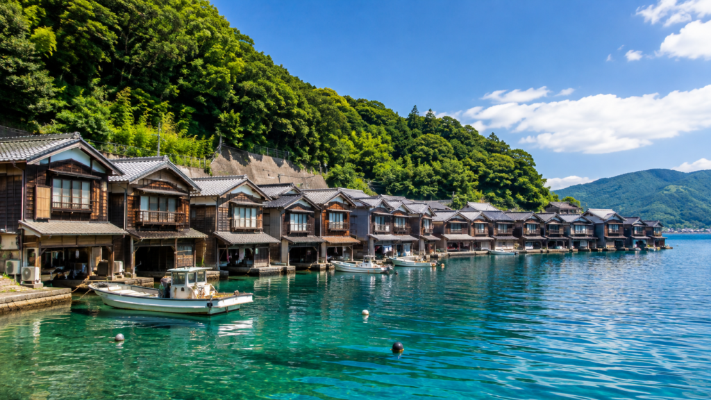 Traditional Japanese fishing village with wooden boathouses along a peaceful blue bay