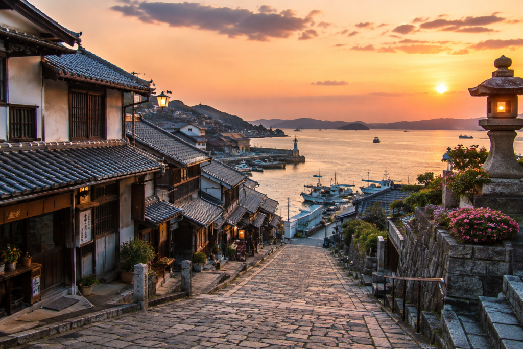 Traditional Japanese coastal town with stone streets, wooden houses, and a peaceful harbor at sunset