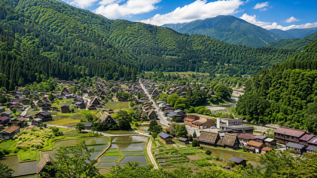 Panoramic view of Shirakawa-go Ogimachi village with traditional gassho-zukuri houses, rice fields and green mountains in Japan.
