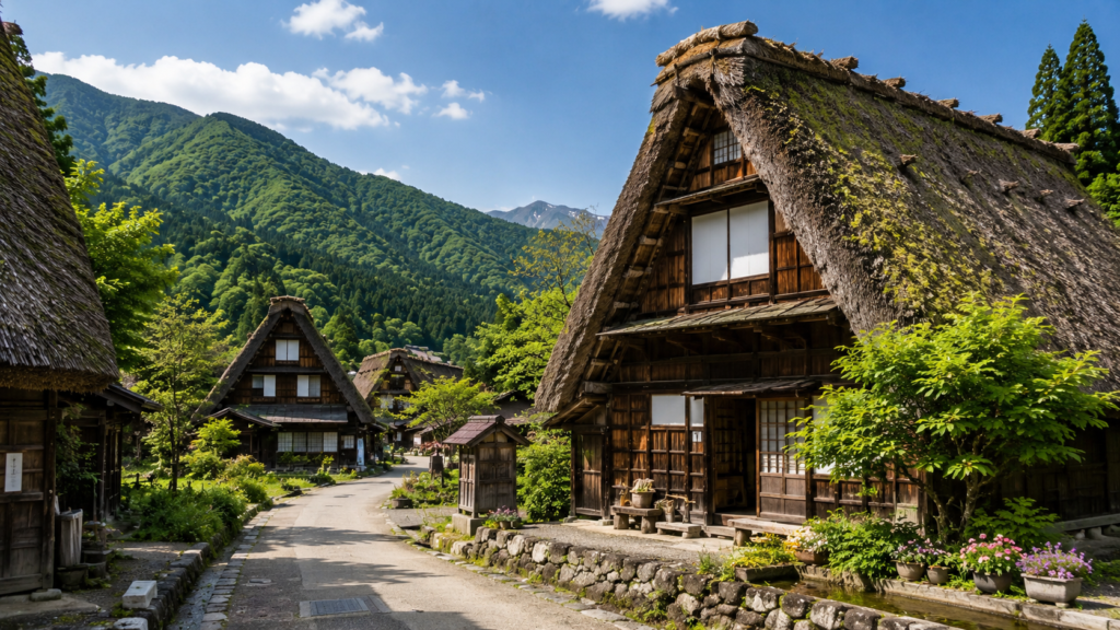 Traditional gassho-zukuri houses along a village path in Shirakawa-go, Japan, surrounded by green mountains