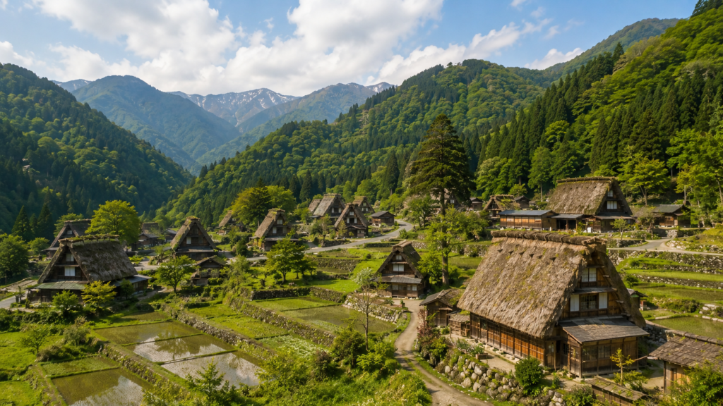 Traditional gassho-zukuri houses in Ainokura village, Gokayama, surrounded by green mountains in Japan