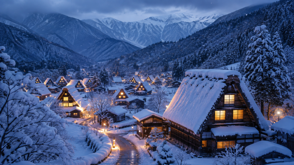 Snow-covered gassho-zukuri houses in Shirakawa-go surrounded by mountains in winter