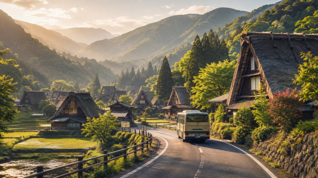 Bus traveling through Shirakawa-go with traditional gassho-zukuri houses and mountains in Japan